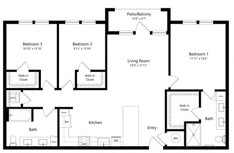 Floor plan for 3 beds, 2 baths, 1295 sqft